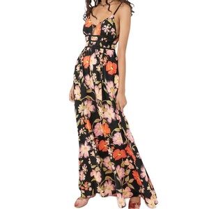 Free People Wisteria Black Floral Maxi Dress open back small S P adjustable